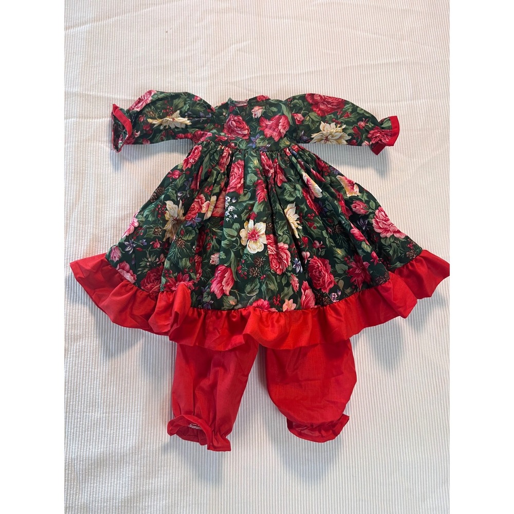 Vintage 80's  Holiday Floral Dress and Bloomers Set Red Green Poinsettia Rose